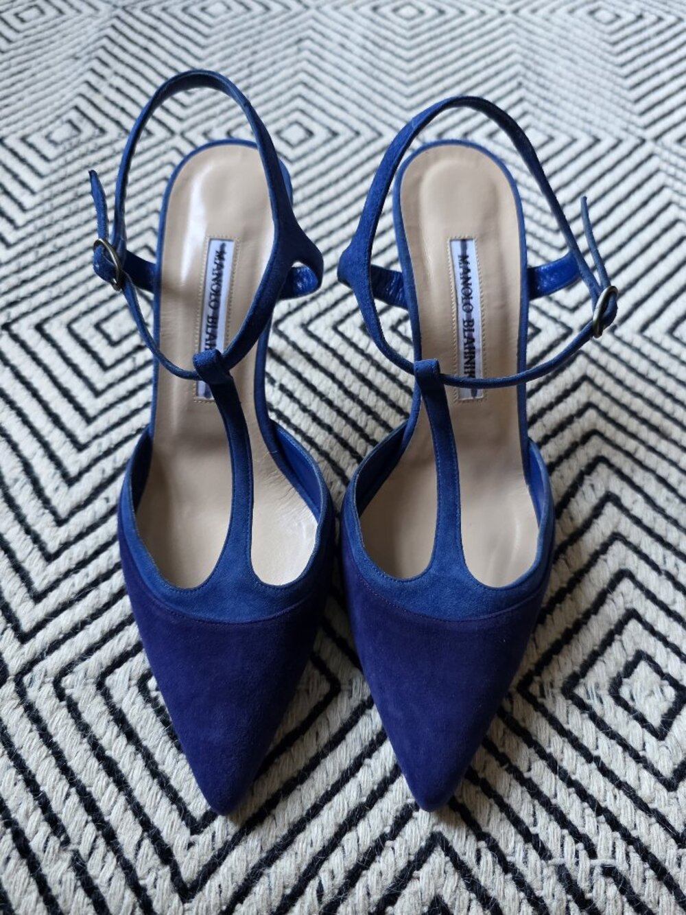 Manolo Blahnik Blue Suede T-Strap Pointed Toe Stiletto Pumps, Size IT 37 / US 7*